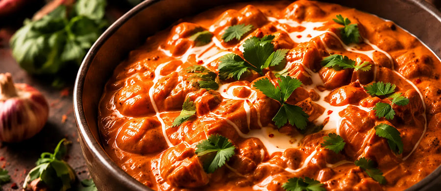 Homemade butter chicken curry made with Devira Butter Chicken Masala, garnished with fresh cilantro and cream