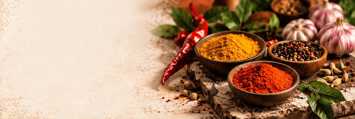 Three small wooden bowls filled with colorful ground spices, surrounded by whole garlic bulbs, red chili peppers, green leaves, and peppercorns on a rustic stone surface with a light beige background.