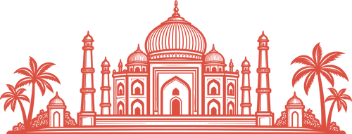 A red line-art illustration of the Taj Mahal with palm trees on both sides, shown on a plain white background.