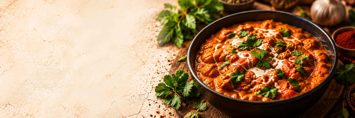 A black bowl filled with a rich, orange-red curry or stew topped with cream and fresh green herbs, set on a rustic wooden surface with spices and garlic around it.