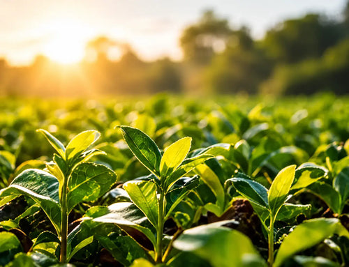 Close-up of vibrant green tea plant leaves in a field, backlit by warm golden sunlight with a soft-focus forest background.