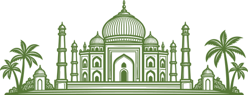 Green line art illustration of the Taj Mahal with minarets, palm trees, and decorative foliage on a white background.