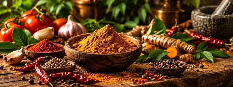 A rustic wooden table filled with bowls of ground spices, including turmeric, red chili powder, and cumin seeds, surrounded by fresh ingredients like tomatoes, garlic, ginger, and green leaves.