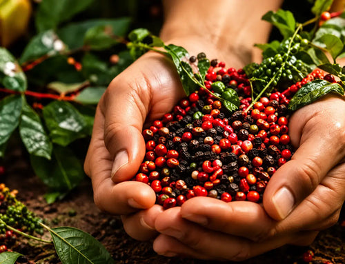 A close-up of two hands holding a mixture of whole peppercorns in earthy soil, surrounded by green leaves and stems.