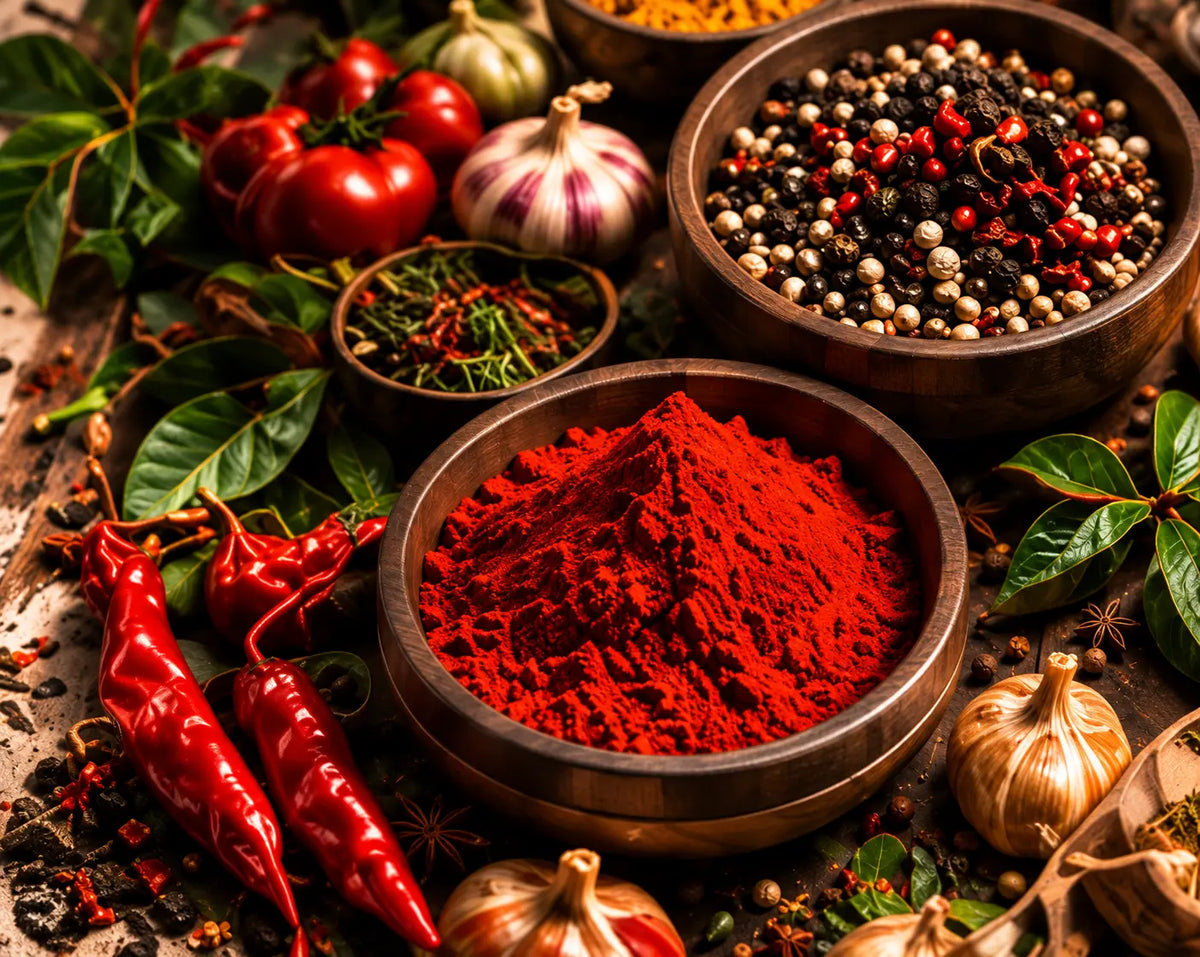 A wooden bowl filled with bright red chili powder sits on a rustic wooden surface, surrounded by whole red chilies, garlic bulbs, tomatoes, and bowls of mixed peppercorns and herbs.