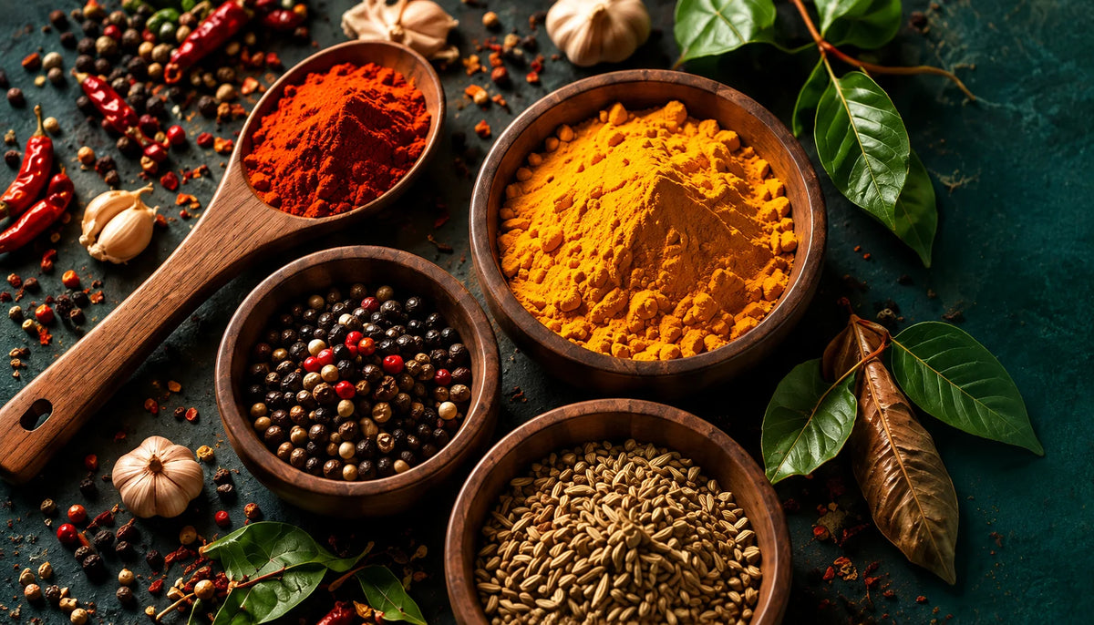 Four wooden bowls filled with colorful ground spices, including bright orange turmeric, deep red chili powder, black and white peppercorns, and brown cumin seeds, arranged on a dark textured surface with scattered whole spices, garlic, and green leaves.