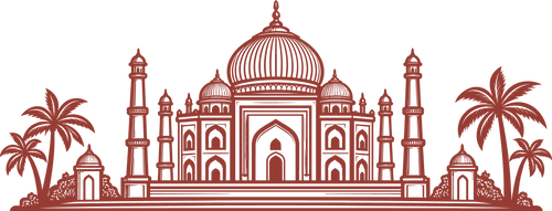 A stylized terracotta red line art illustration of the Taj Mahal with minarets, flanked by palm trees, shown on a solid black background.