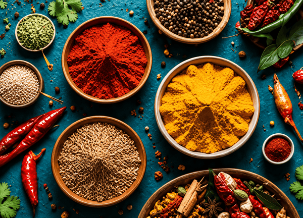 An overhead flat-lay arrangement of colorful ground spices in wooden bowls, surrounded by whole peppercorns, red chilies, cumin seeds, coriander leaves, and whole spices on a textured teal-blue background.