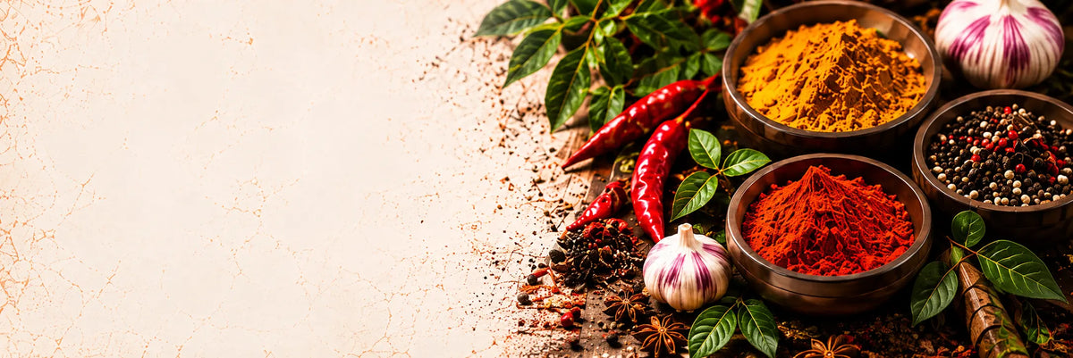 An assortment of colorful ground spices in small dark bowls, surrounded by fresh red chilies, green leaves, garlic bulbs, and star anise on a textured beige surface with negative space on the left.
