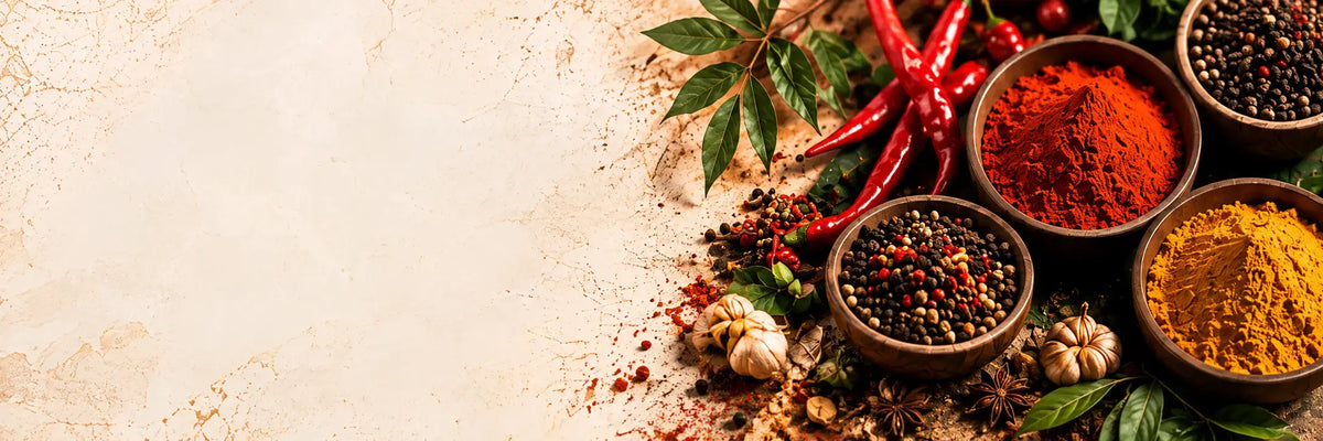An assortment of colorful ground spices in small brown bowls, alongside whole peppercorns, red chili peppers, garlic cloves, and green leaves, arranged on a textured beige stone surface with negative space on the left.
