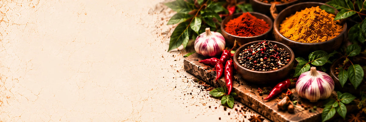A styled flat-lay of whole spices and ingredients on a rustic wooden board against a textured beige background. Visible items include bowls of ground turmeric, red chili powder, black peppercorns, whole garlic bulbs, red chilies, and green basil leaves.