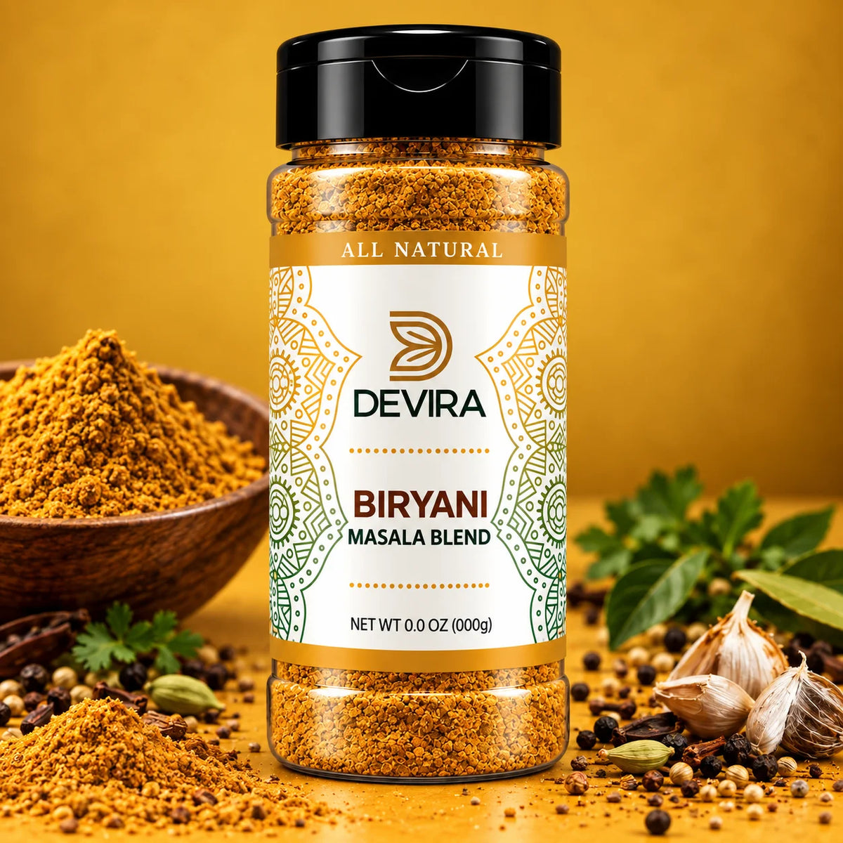 A bottle of Devira Biryani Masala Blend spice mix, surrounded by culinary ingredients like whole garlic, bay leaves, coriander, and a bowl of loose spice on a warm golden-yellow background.