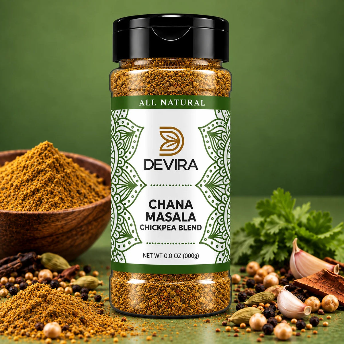 A bottle of Devira Chana Masala Chickpea Blend spice blend centered on a green background, surrounded by loose spices, garlic, cilantro, and a wooden bowl of powder.
