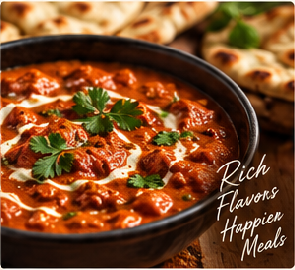 Creamy butter chicken garnished with cilantro and a swirl of cream, served with naan bread