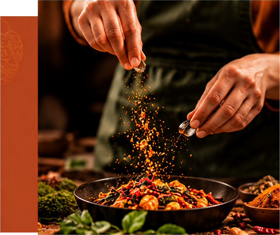 A close-up lifestyle shot of a chef sprinkling spices from small metal shakers over a pan of cooked shrimp and vegetables. The chef is wearing a dark green apron, and the scene is warmly lit with golden seasoning particles falling into the food, set against a dark rustic background with fresh herbs and spices.