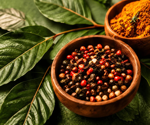 A wooden bowl filled with mixed whole peppercorns in black, red, and beige tones, set among large green leaves, with another wooden bowl of orange-yellow spice powder in the background.