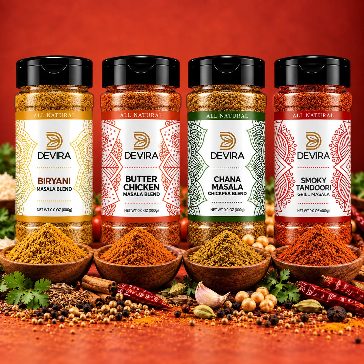 Four Devira masala spice blends in clear plastic jars with black lids, arranged in a row with small wooden bowls of the spices below. The blends shown are Biryani Masala, Butter Chicken Masala, Chana Masala, and Smoky Tandoori Masala, set against a warm orange-red background with scattered whole spices and herbs.