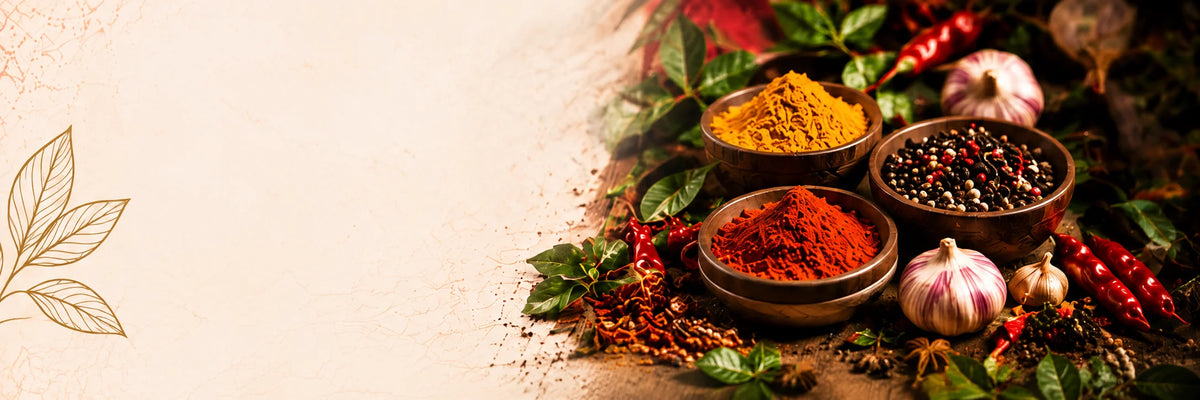 A styled flat-lay of various whole and ground spices in small dark bowls, surrounded by fresh green leaves, red chili peppers, and garlic bulbs on a rustic wooden surface, with a beige textured background on the left.