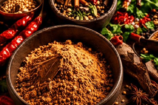 A close-up of a brown spice powder, likely curry powder or ground turmeric, piled in a dark wooden bowl, surrounded by whole spices, dried red chilies, cinnamon sticks, star anise, and fresh herbs on a dark rustic background.