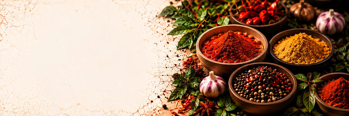 An assortment of colorful ground spices, whole peppercorns, garlic bulbs, and fresh green herbs arranged in rustic brown bowls on a textured beige surface, leaving open space on the left.